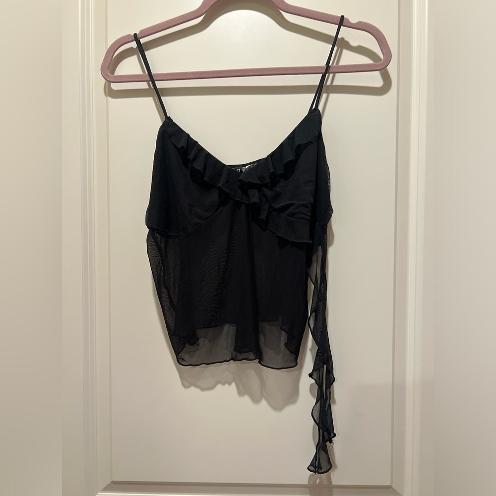 Ruffle Mesh Going Out Top Tank Cami Sheer Black Size Medium Asymmetrical Detail